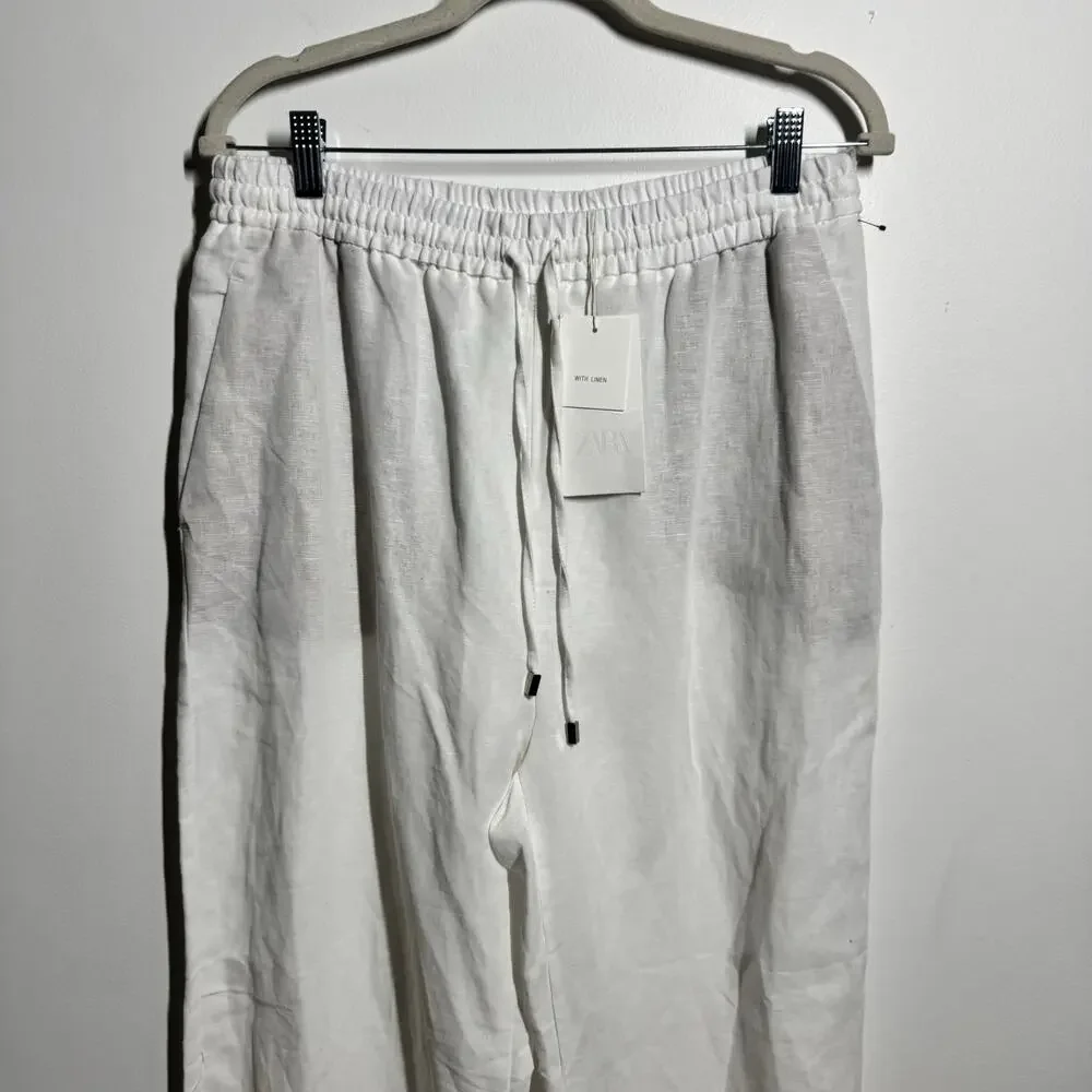 Zara Linen Wide Leg Pull On Pant Women XL White Coastal Beach Minimal Vacation